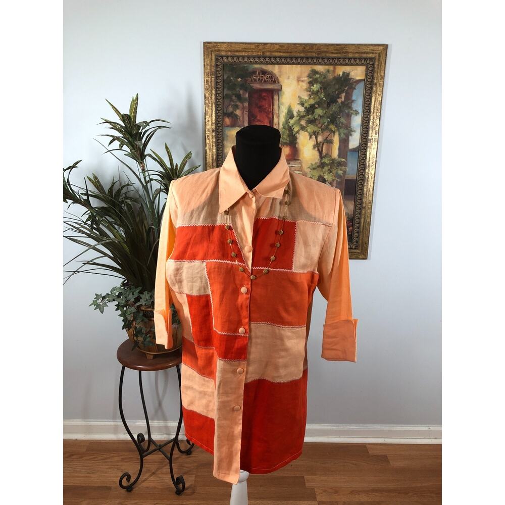 Sara Ann Fashions Button-Up Dress Women's 14 Peach Linen Patchwork Cocktail Chic